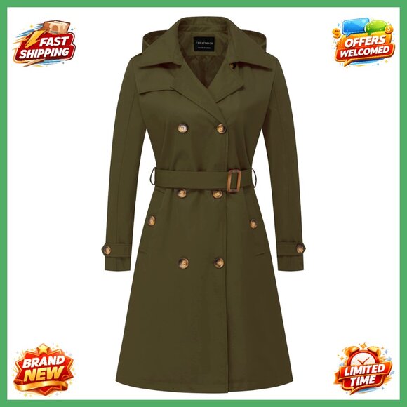 Women's Long Trench Coat Double-Breasted Belted Slim Fit with Detachable Hood